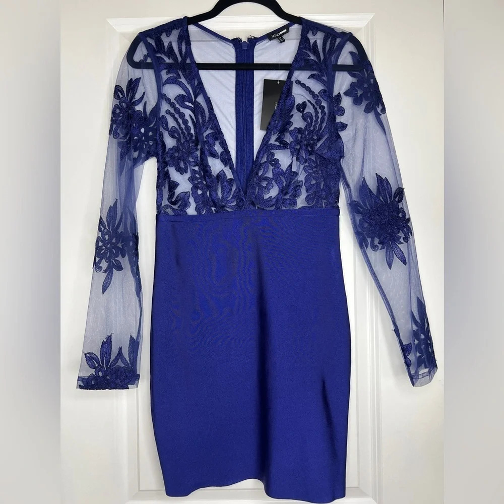 Fashion nova royal blue Gabrielle Deep V Bandage Dress Sheer Bodice Size M - Picture 5 of 15